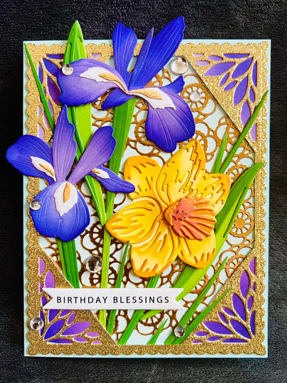 Birthday Blessings Card with Irises and Daffodils Garden - A Flourish of Spring Wishes for Your Special Day