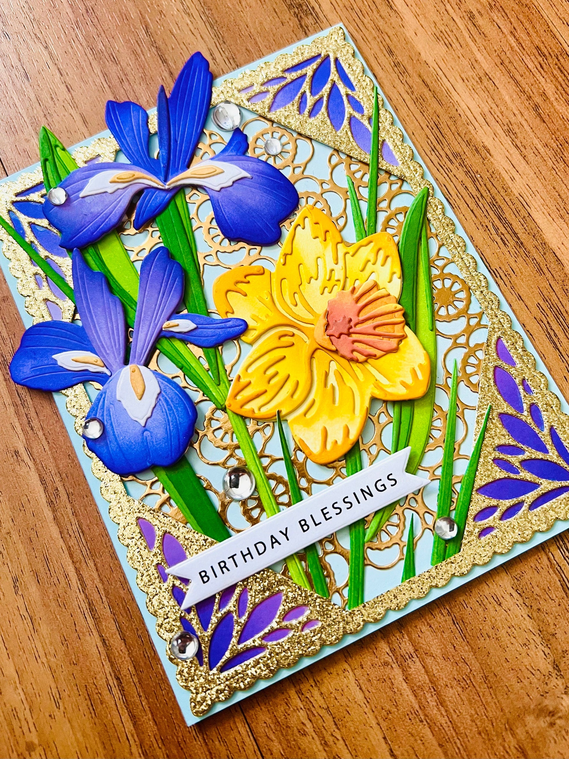 Birthday Blessings Card with Irises and Daffodils Garden - A Flourish of Spring Wishes for Your Special Day