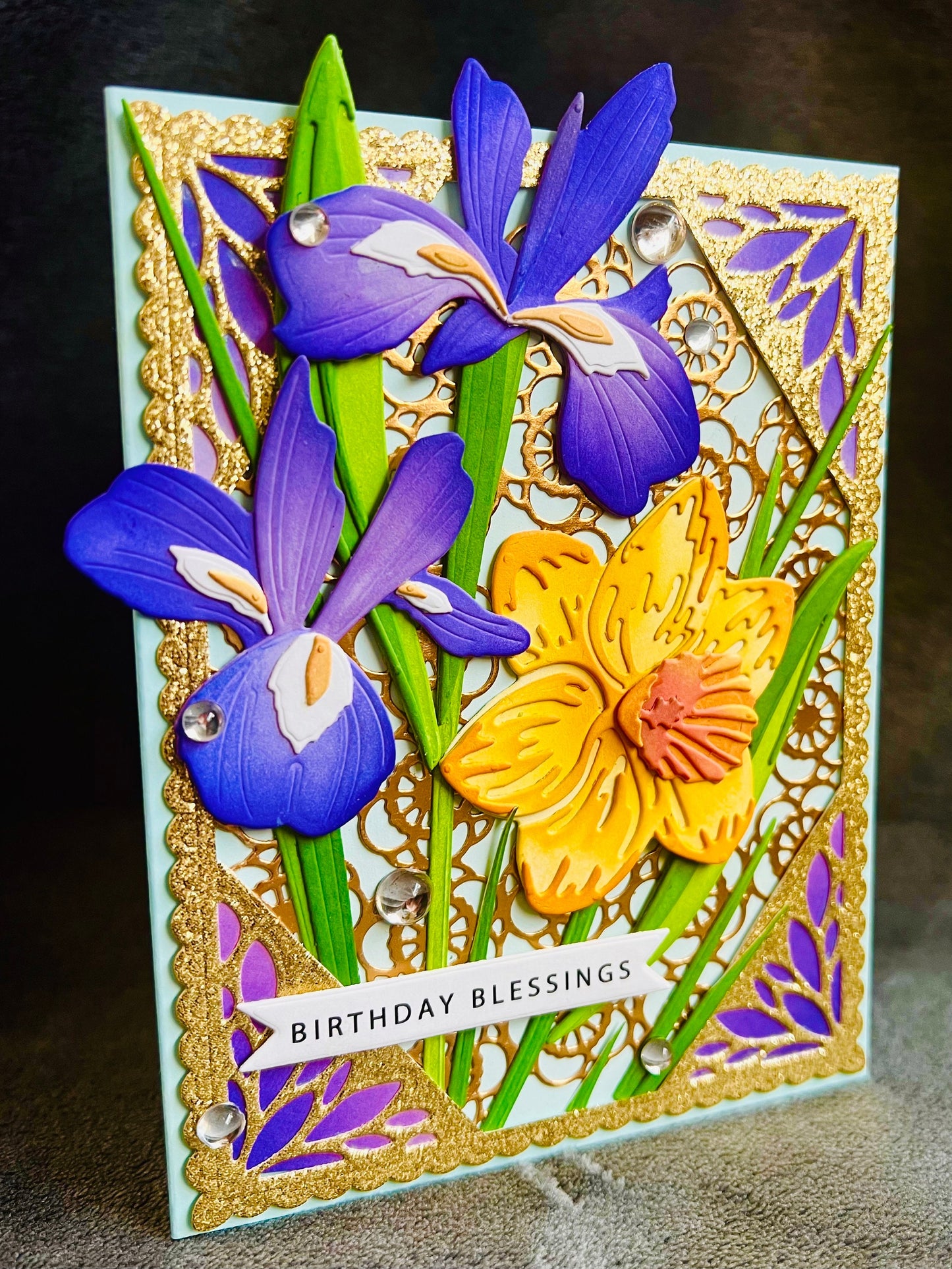 Birthday Blessings Card with Irises and Daffodils Garden - A Flourish of Spring Wishes for Your Special Day