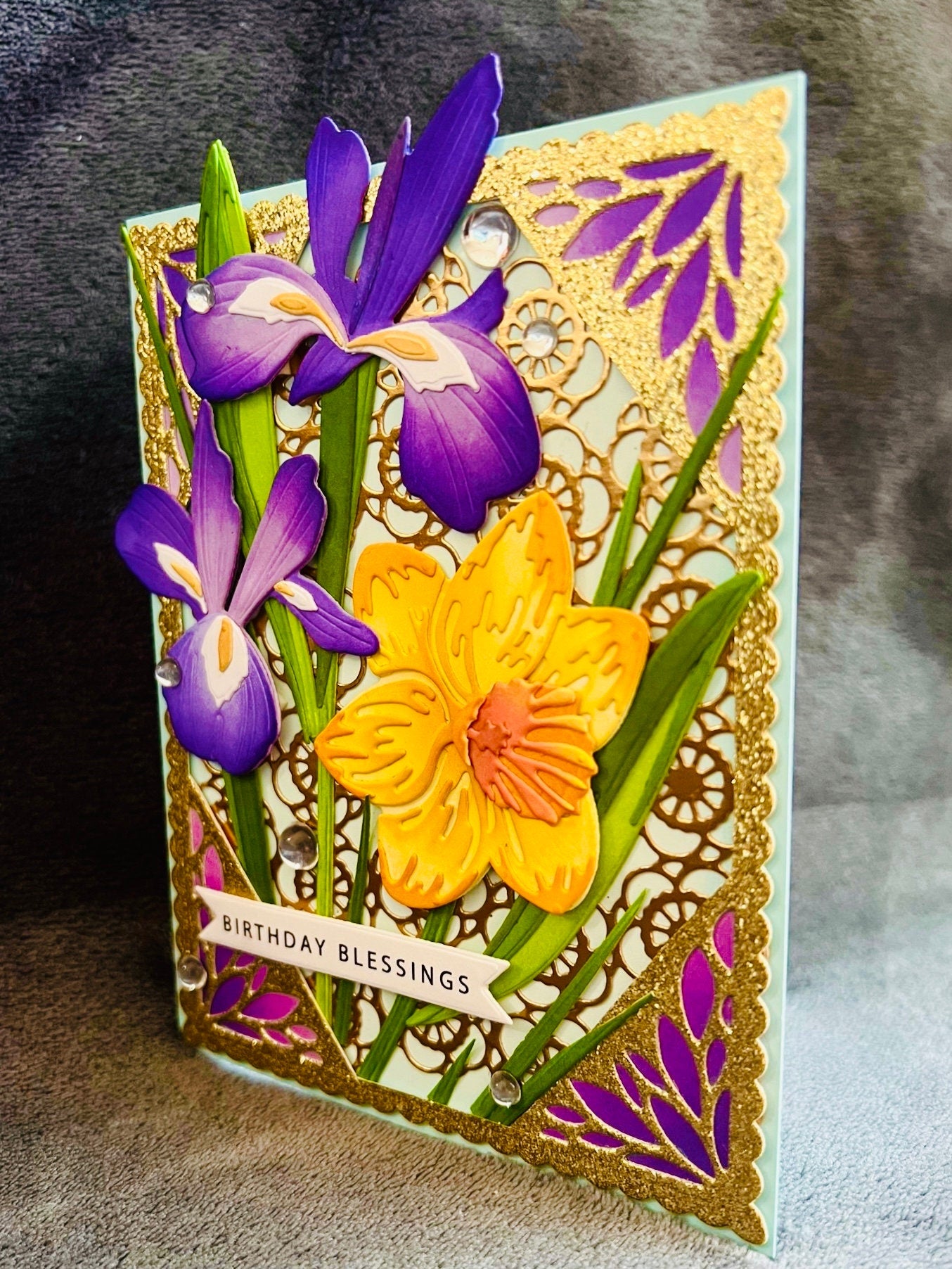 Birthday Blessings Card with Irises and Daffodils Garden - A Flourish of Spring Wishes for Your Special Day