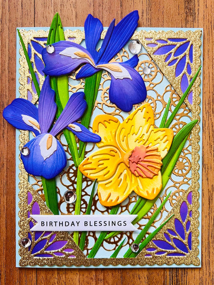 Birthday Blessings Card with Irises and Daffodils Garden - A Flourish of Spring Wishes for Your Special Day