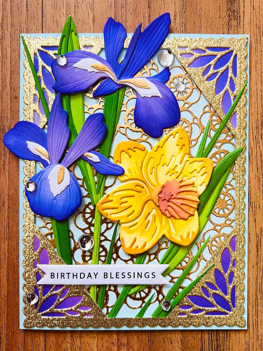 Birthday Blessings Card with Irises and Daffodils Garden - A Flourish of Spring Wishes for Your Special Day