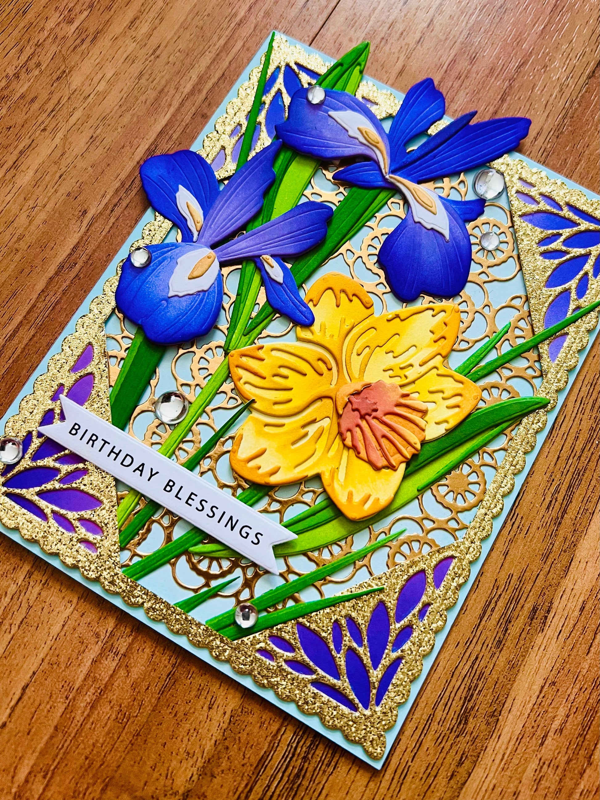 Birthday Blessings Card with Irises and Daffodils Garden - A Flourish of Spring Wishes for Your Special Day