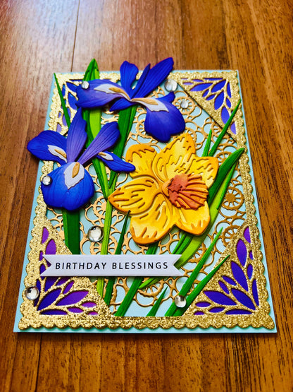 Birthday Blessings Card with Irises and Daffodils Garden - A Flourish of Spring Wishes for Your Special Day