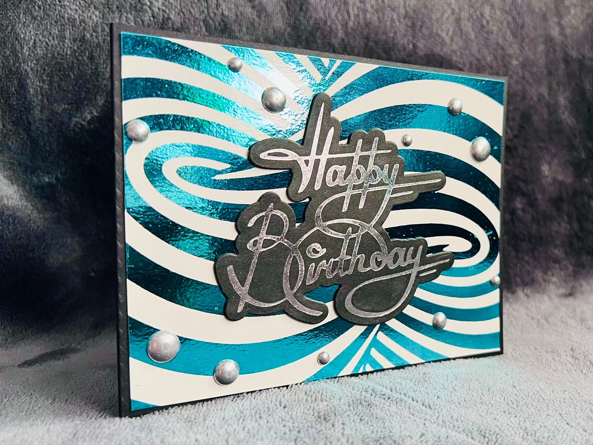 Aqua Foiled Twisted Illusion Birthday Card (White Bkgrd.)