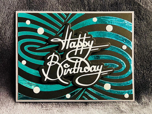Aqua Foiled Twisted Illusion Birthday Card (Black Blgrd.)