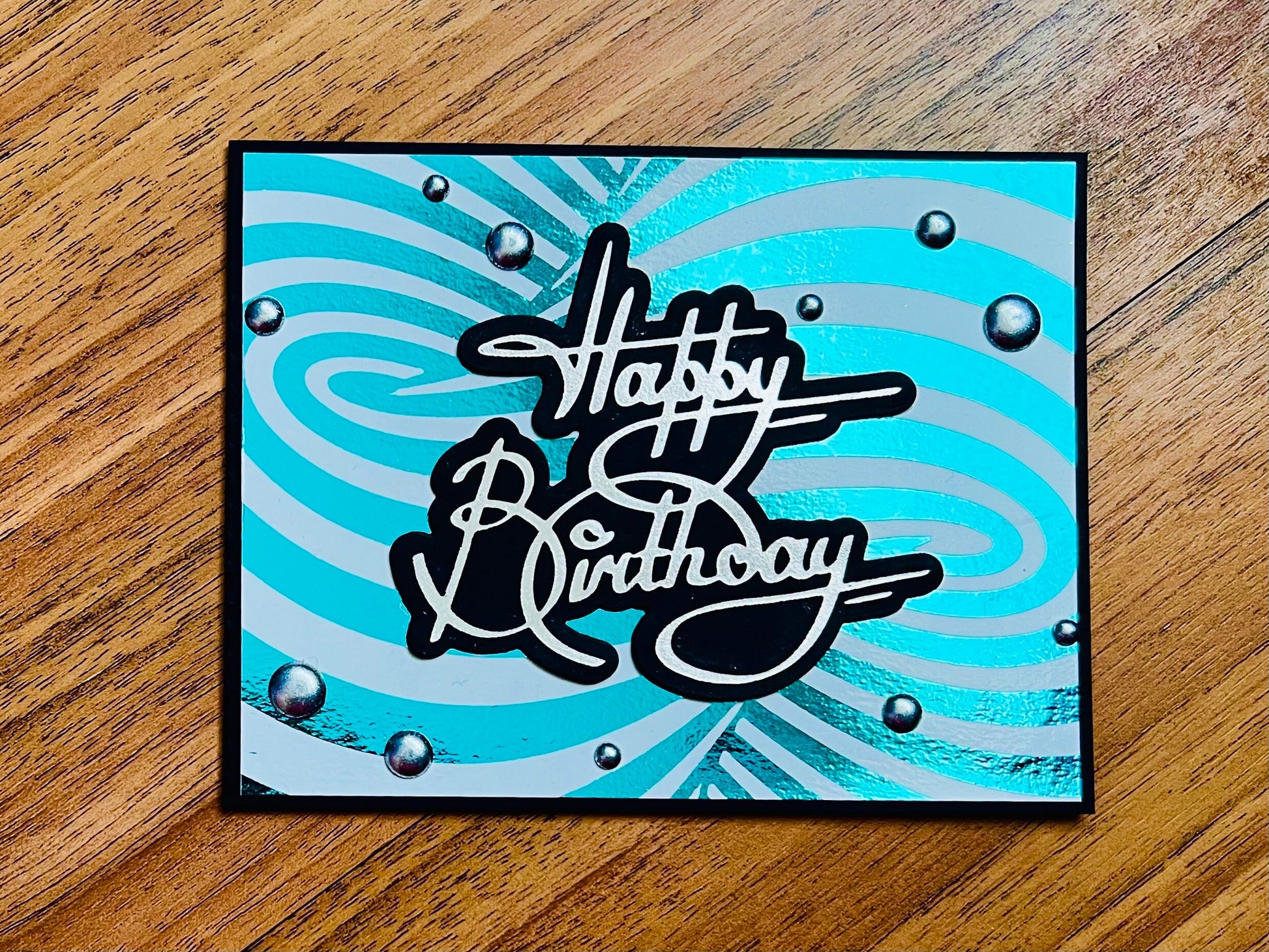 Aqua Foiled Twisted Illusion Birthday Card (White Bkgrd.)