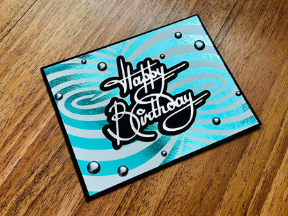 Aqua Foiled Twisted Illusion Birthday Card (White Bkgrd.)