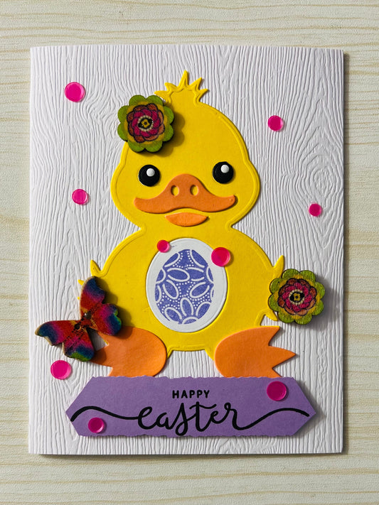 Easter Ducky Card with Wooden Floral and Butterfly Button Accents - A Charming Greeting of Spring Renewal