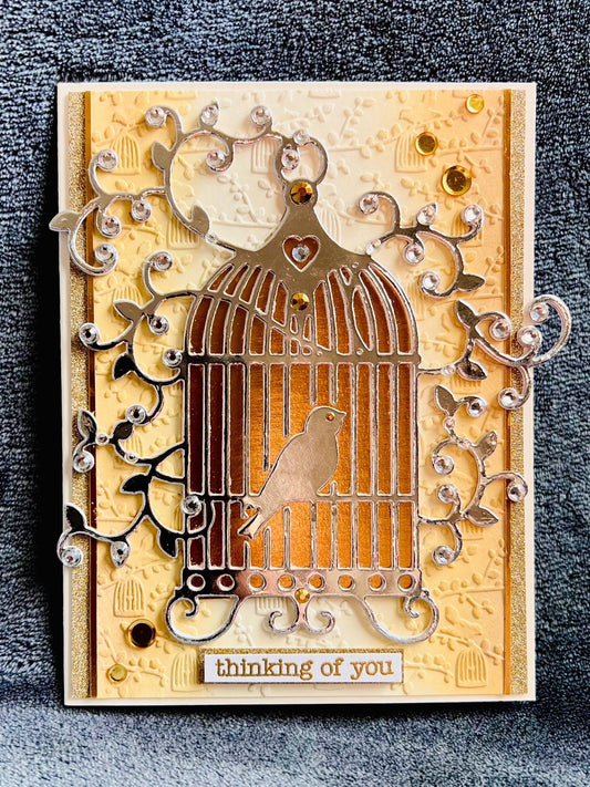 Bird in Silver Birdcage Thinking of You Card